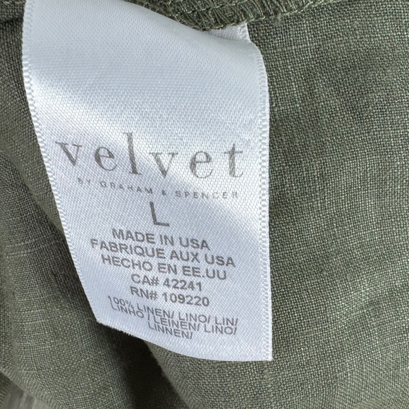 Velvet by Graham & Spencer Army Green 100% Linen V-Neck Top Sz L - Picture 6 of 7